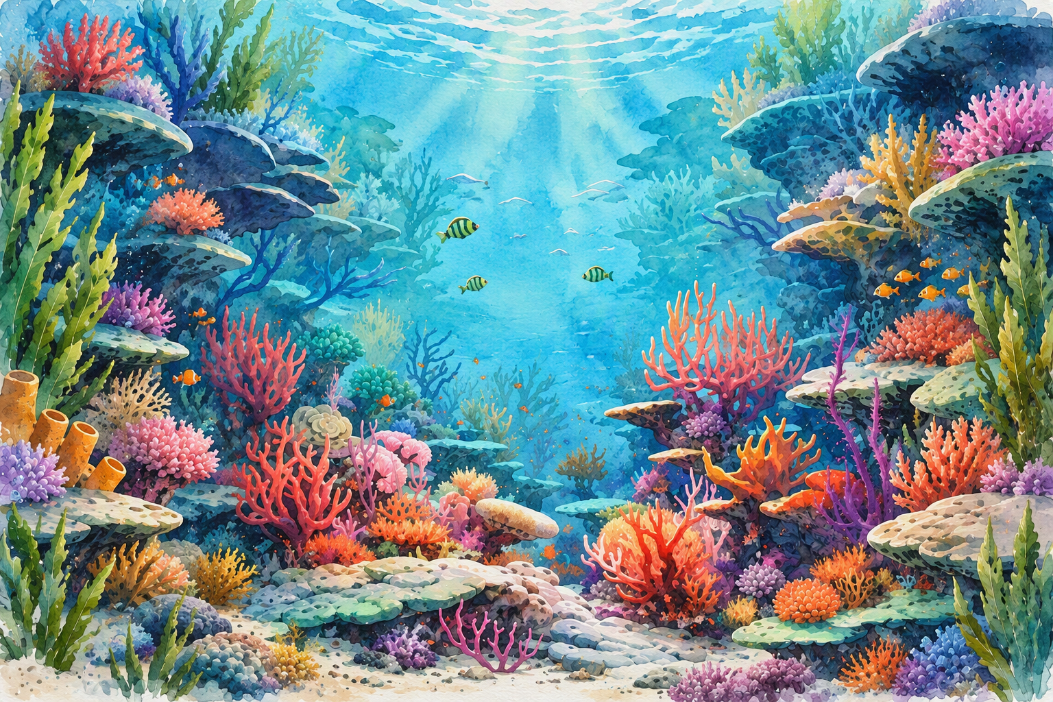 Watercolor illustration of a coral reef.